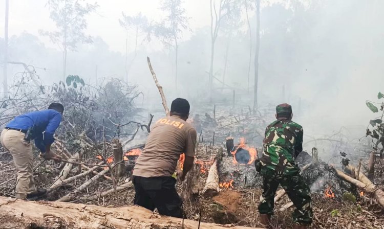 TNI-Polri dan Damkar Rohul Padamkan Kebakaran Lahan Dekat Rumah Sakit