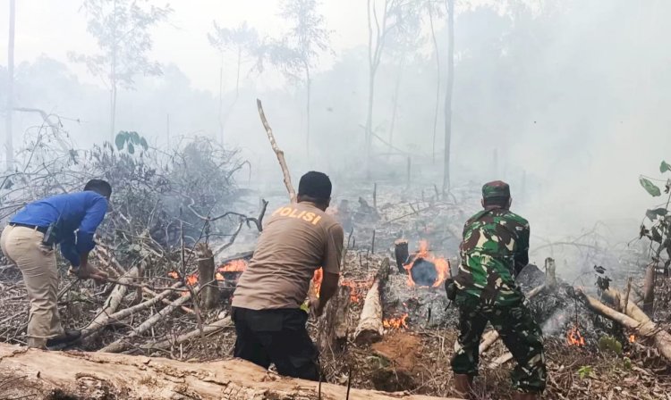 TNI-Polri dan Damkar Rohul Padamkan Kebakaran Lahan Dekat Rumah Sakit