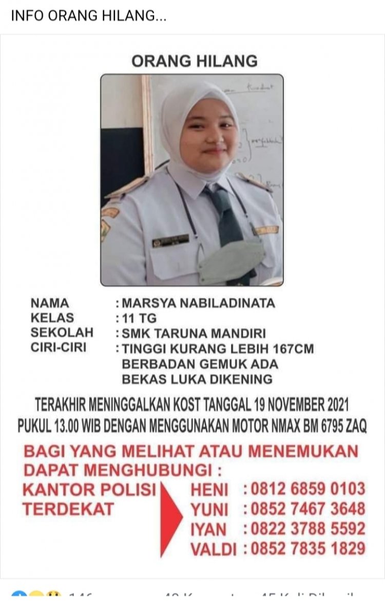 Menghilang Sejak Jumat, Siswa SMK Taruna Mandiri Pekanbaru Bikin Keluarga Khawatir