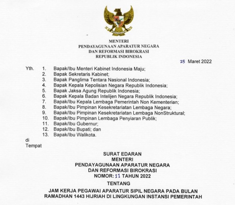 Ini Aturan Jam Kerja ASN Selama Bulan Ramadan 1443 H