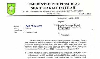 Pemprov Riau Terapkan WFH 25 Persen