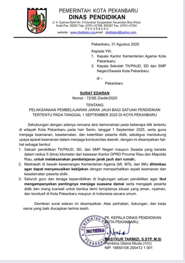 Sekolah Radius Lima KM dari DPRD Riau dan Mapolda Diliburkan