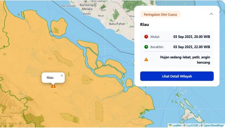 Prakiraan Cuaca Riau Hari Ini, BMKG Stasiun Pekanbaru Keluarkan Peringatan Dini Waspadai Hujan Lebat Disertai Petir
