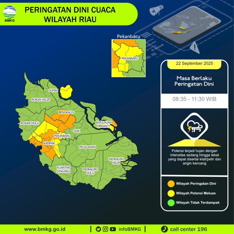 Prakiraan Cuaca Riau 22 September 2025, BMKG Minta Waspadai Hujan Lebat Disertai Petir dan Angin Kencang, Ini Dia Daerahnya