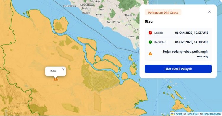Prakiraan Cuaca Riau 6 Oktober 2025, BMKG Minta Masyarakat Waspadai Hujan Lebat Disertai Petir dan Angin Kencang