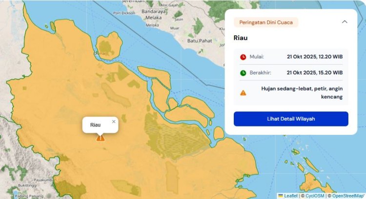 Prakiraan Cuaca Riau 21 Oktober 2025, BMKG Minta Waspadai Hujan Lebat yang Disertai Petir dan Angin Kencang