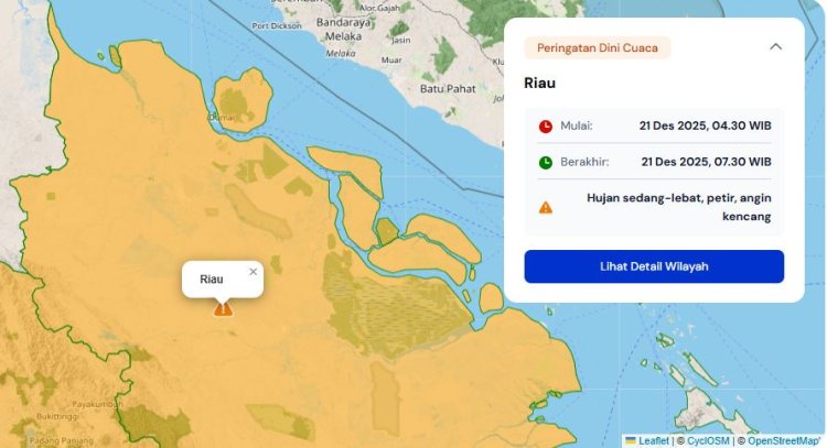 Prakiraan Cuaca Riau 21 Desember 2025, BMKG Terbitkan Peringatan Dini Waspada Hujan Lebat Disertai Petir dan Angin Kencang