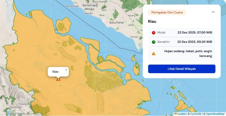 Prakiraan Cuaca Riau 22 Desember 2025, BMKG Terbitkan Peringatan Dini Waspada Hujan Lebat Disertai Petir dan Angin Kencang