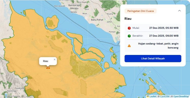 Prakiraan Cuaca Riau 27 Desember 2025, BMKG Terbitkan Peringatan Dini Waspada Hujan Lebat Disertai Petir dan Angin Kencang