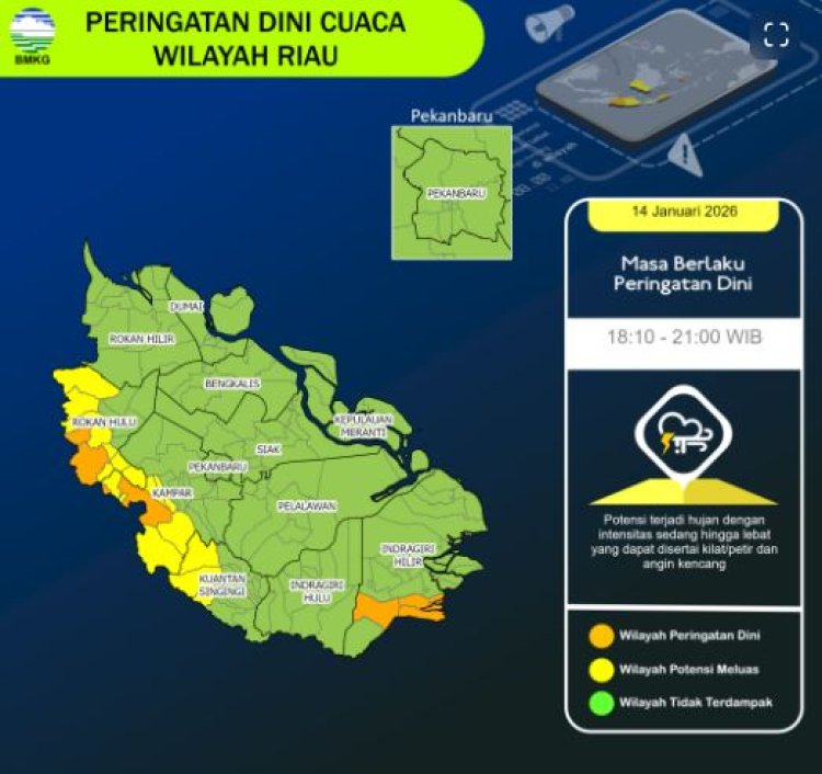 BMKG Terbitkan Peringatan Dini Cuaca Riau 14 Januari 2026 hingga 21.00 WIB, Waspada Hujan Lebat Disertai Petir dan Angin Kencang