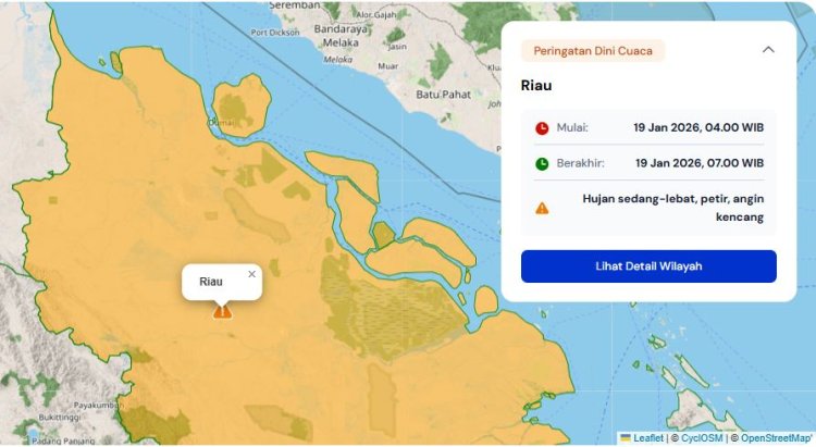 Prakiraan Cuaca Riau 19 Januari 2026, BMKG Terbitkan Peringatan Dini Waspada Hujan Lebat Disertai Petir dan Angin Kencang