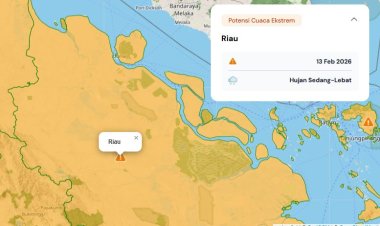 Prakiraan Cuaca Riau 13 Februari 2026, BMKG Terbitkan Peringatan Dini Waspada Hujan Lebat Disertai Petir dan Angin Kencang Malam Ini