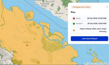 Prakiraan Cuaca Riau 26 Februari 2026, BMKG Terbitkan Peringatan Dini Waspada Hujan Lebat Disertai Petir dan Angin Kencang Hari Ini