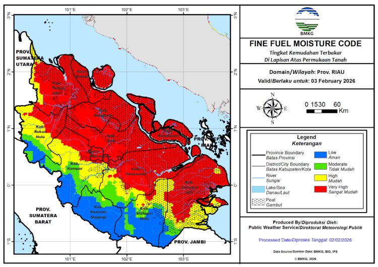Prakiraan Cuaca Riau 3 Februari 2026, Masih Ada Hujan Intensitas Ringan, Ada 57 Hotspot di Bumi Lancang Kuning