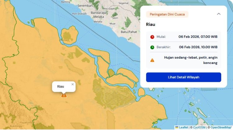 Prakiraan Cuaca Riau 6 Februari 2026, BMKG Terbitkan Peringatan Dini Waspada Hujan Lebat Disertai Petir dan Angin Kencang Hari Ini