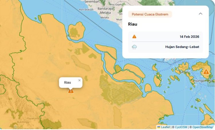 Prakiraan Cuaca Riau 14 Februari 2026, BMKG Minta Masyarakat Waspada Hujan Lebat Disertai Petir dan Angin Kencang Hari Ini