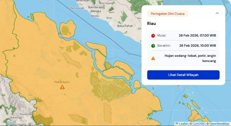 Prakiraan Cuaca Riau 26 Februari 2026, BMKG Terbitkan Peringatan Dini Waspada Hujan Lebat Disertai Petir dan Angin Kencang Hari Ini