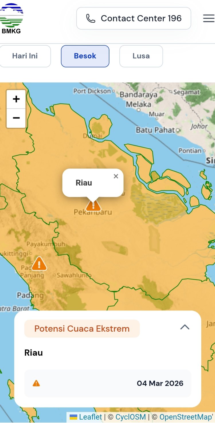 Prakiraan Cuaca Riau 4 Maret 2026, BMKG Terbitkan Peringatan Dini Waspada Hujan Lebat Disertai Petir dan Angin Kencang hingga Gelombang Tinggi