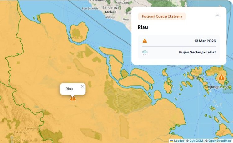 Prakiraan Cuaca Riau 13 Maret 2026, BMKG Terbitkan Peringatan Dini Waspada Hujan Lebat Disertai Petir dan Angin Kencang Hari Ini