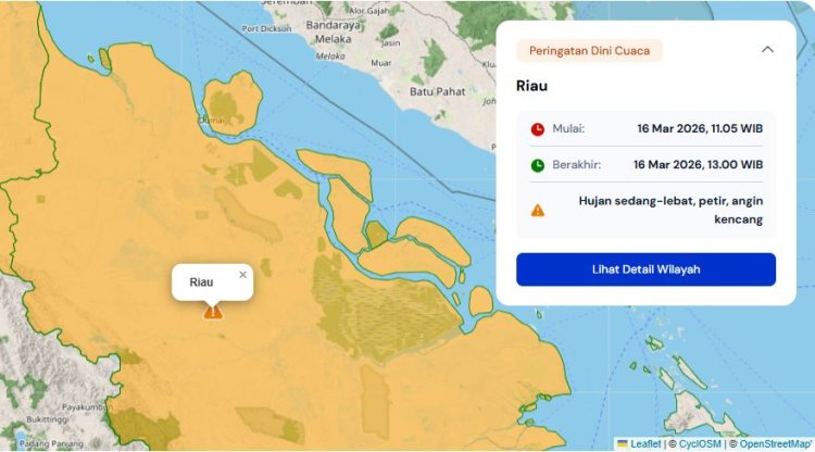 Prakiraan Cuaca Riau 16 Maret 2026, BMKG Terbitkan Peringatan Dini Hujan Lebat Disertai Petir dan Angin Kencang pada Siang dan Malam Hari
