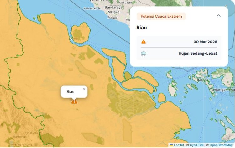 Prakiraan Cuaca Riau 30 Maret 2026, BMKG Terbitkan Peringatan Dini Waspada Hujan Lebat Disertai Petir dan Angin Kencang Hari Ini