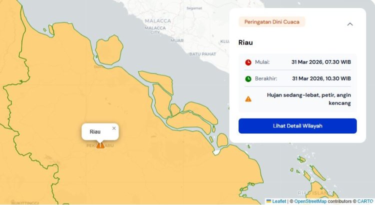 Prakiraan Cuaca Riau 31 Maret 2026, BMKG Terbitkan Peringatan Dini Waspada Hujan Lebat Disertai Petir dan Angin Kencang Hari Ini