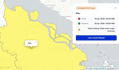 Peringatan Dini Cuaca Riau BMKG 29 April 2026, Potensi Hujan Sedang hingga Lebat Disertai Petir dan Angin Kencang