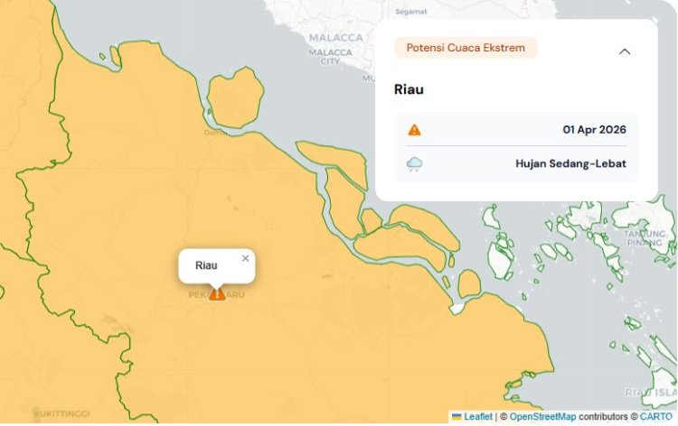 Prakiraan Cuaca Riau 1 April 2026, BMKG Terbitkan Peringatan Dini Waspada Hujan Lebat Disertai Petir dan Angin Kencang Hari Ini