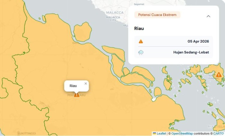Prakiraan Cuaca Riau 5 April 2026, BMKG Terbitkan Peringatan Dini Waspada Hujan Lebat Disertai Petir dan Angin Kencang Sore dan Malam Ini