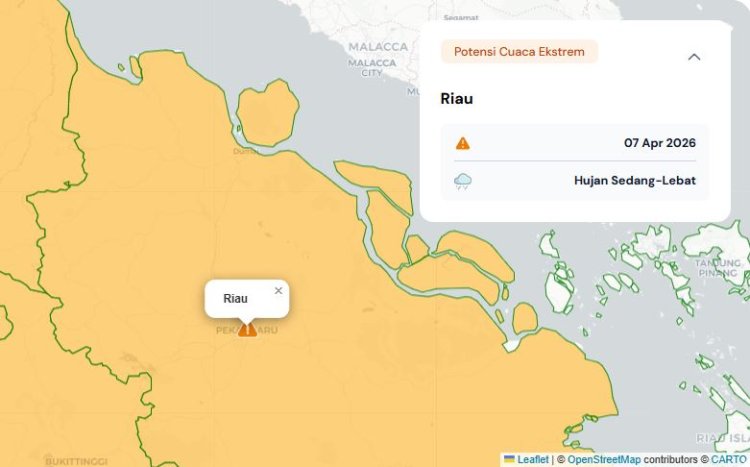 Prakiraan Cuaca Riau 7 April 2026, BMKG Terbitkan Peringatan Dini Waspada Hujan Lebat Disertai Petir dan Angin Kencang Hari Ini