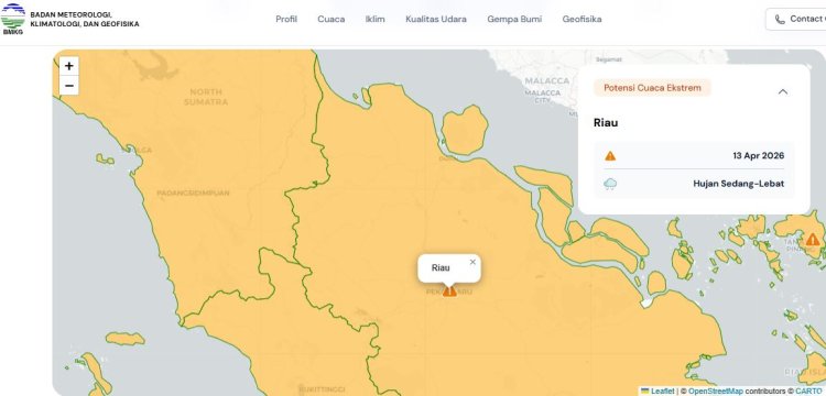 Prakiraan Cuaca Riau 13 April 2026, Peringatan Dini BMKG Waspada Hujan Lebat Disertai Petir dan Angin Kencang Hari Ini