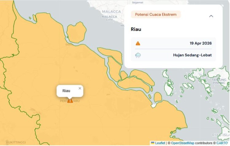 Prakiraan Cuaca Riau 19 April 2026, Peringatan Dini BMKG Waspada Hujan Lebat Disertai Petir dan Angin Kencang Hari Ini