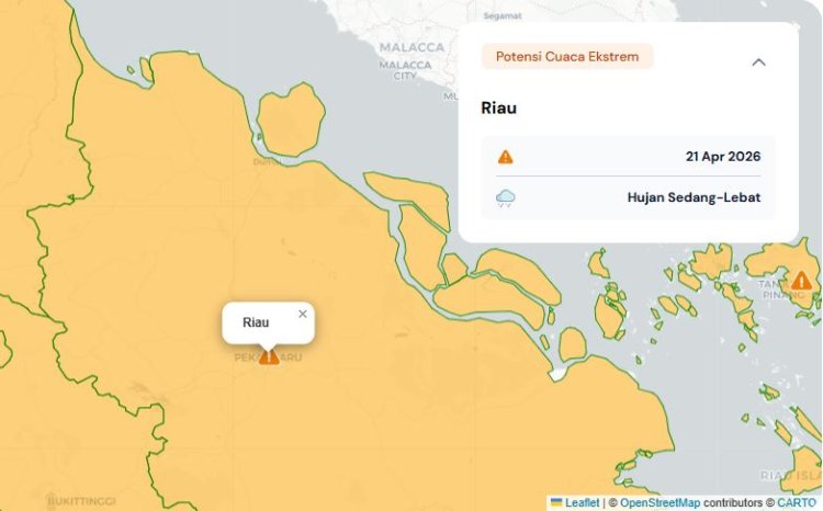 Prakiraan Cuaca Riau 21 April 2026, Peringatan Dini BMKG Waspada Hujan Lebat Disertai Petir dan Angin Kencang Siang dan Malam Hari