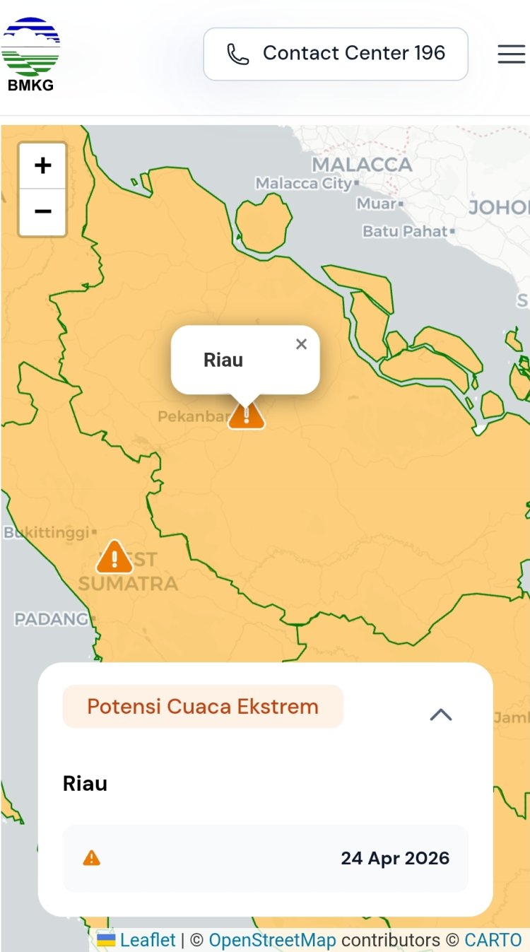 Prakiraan Cuaca Riau 24 April 2026, BMKG Terbitkan Peringatan Dini Waspada Hujan Lebat Disertai Petir dan Angin Kencang Sore dan Malam Hari