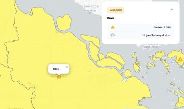Prakiraan Cuaca Riau 4 Mei 2026, BMKG Terbitkan Peringatan Dini Waspada Hujan Lebat Disertai Petir dan Angin Kencang Sore dan Malam Hari