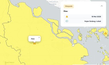 Prakiraan Cuaca Riau 18 Mei 2026, BMKG Terbitkan Peringatan Dini Waspada Hujan Lebat Disertai Petir dan Angin Kencang Sore Atau Malam Hari