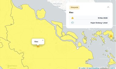 Prakiraan Cuaca Riau 19 Mei 2026, BMKG Terbitkan Peringatan Dini Waspada Hujan Lebat Disertai Petir dan Angin Kencang Malam dan Dini Hari