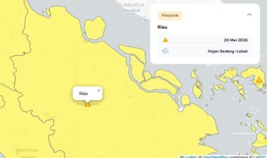 Prakiraan Cuaca Riau 20 Mei 2026, BMKG Terbitkan Peringatan Dini Waspada Hujan Lebat Disertai Petir dan Angin Kencang Sore hingga Dini Hari