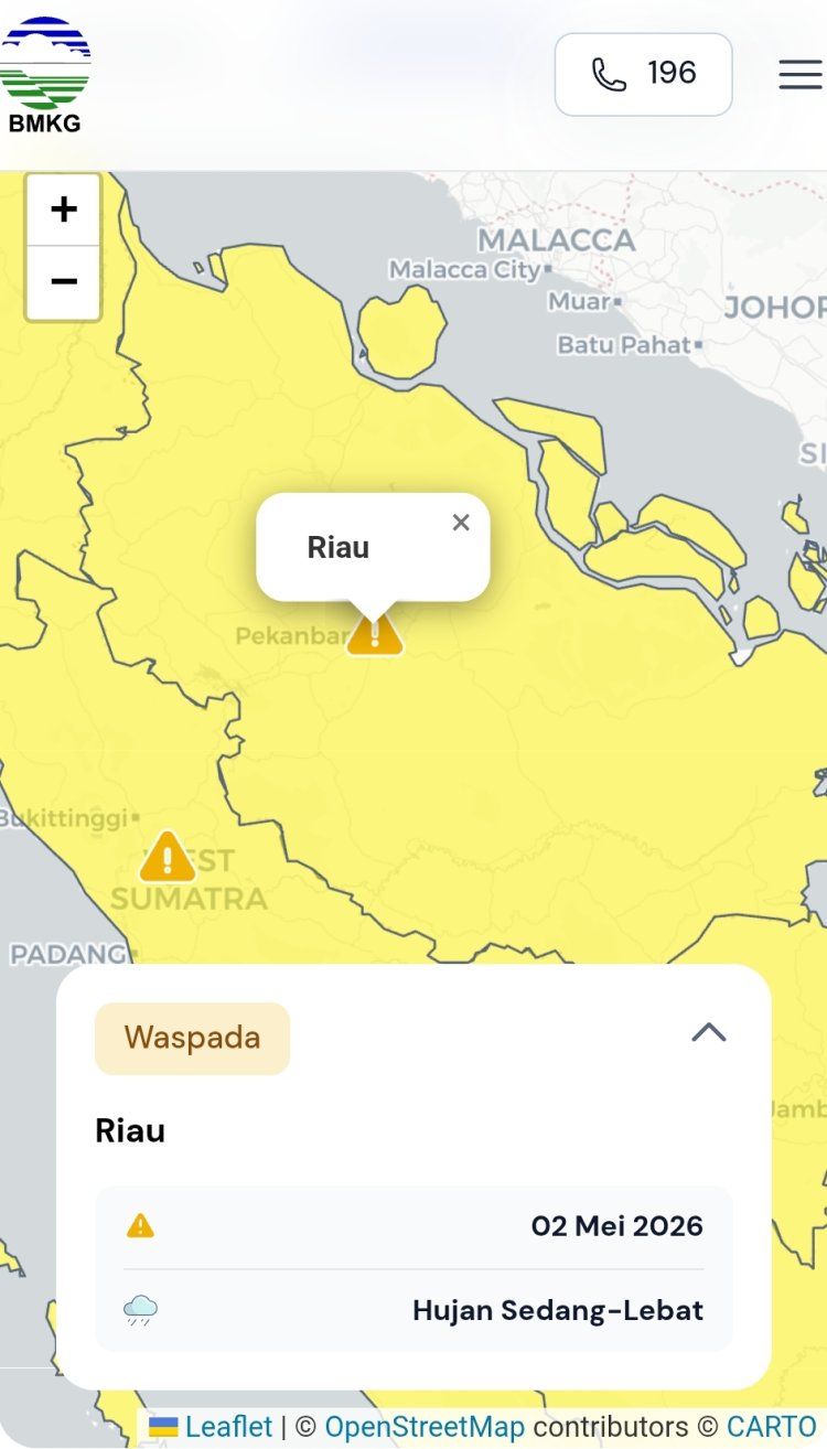 Prakiraan Cuaca Riau 2 Mei 2026, BMKG Terbitkan Peringatan Dini Waspada Hujan Lebat Disertai Petir dan Angin Kencang Siang dan Malam Hari