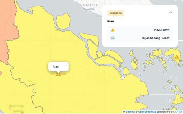 Prakiraan Cuaca Riau 10 Mei 2026, BMKG Terbitkan Peringatan Dini Waspada Hujan Lebat Disertai Petir dan Angin Kencang Sore hingga Malam Hari