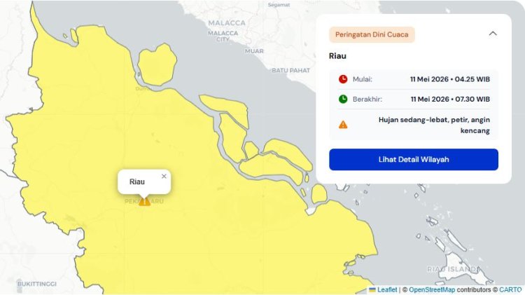 Prakiraan Cuaca Riau 11 Mei 2026, BMKG Terbitkan Peringatan Dini Waspada Hujan Lebat Disertai Petir dan Angin Kencang Pagi Ini