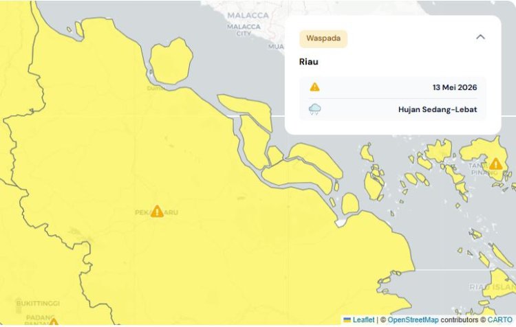 Prakiraan Cuaca Riau 13 Mei 2026, BMKG Terbitkan Peringatan Dini Waspada Hujan Lebat Disertai Petir dan Angin Kencang Siang dan Malam Hari