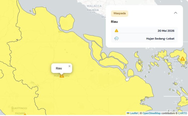 Prakiraan Cuaca Riau 20 Mei 2026, BMKG Terbitkan Peringatan Dini Waspada Hujan Lebat Disertai Petir dan Angin Kencang Sore hingga Dini Hari
