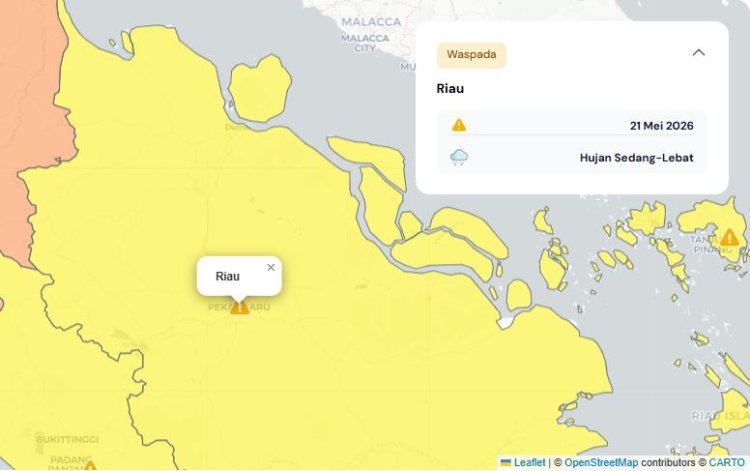 Prakiraan Cuaca Riau 21 Mei 2026, BMKG Terbitkan Peringatan Dini Waspada Hujan Lebat Disertai Petir dan Angin Kencang Hari Ini