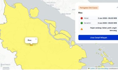 Prakiraan Cuaca Riau 3 Juni 2026, BMKG Terbitkan Peringatan Dini Waspada Hujan Lebat Disertai Petir dan Angin Kencang Hari Ini