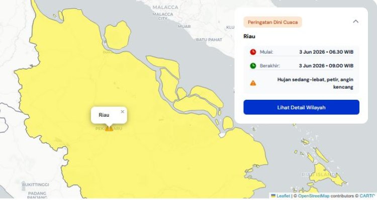 Prakiraan Cuaca Riau 3 Juni 2026, BMKG Terbitkan Peringatan Dini Waspada Hujan Lebat Disertai Petir dan Angin Kencang Hari Ini
