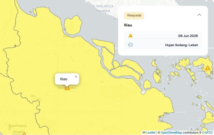 Prakiraan Cuaca Riau 6 Juni 2026, Peringatan Dini BMKG Waspada Hujan Lebat Disertai Petir dan Angin Kencang Malam Hari