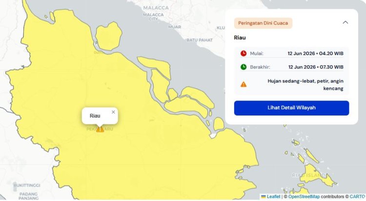 Prakiraan Cuaca Riau 12 Juni 2026, Peringatan Dini BMKG Waspada Hujan Lebat Disertai Petir dan Angin Kencang Pagi dan Siang Hari