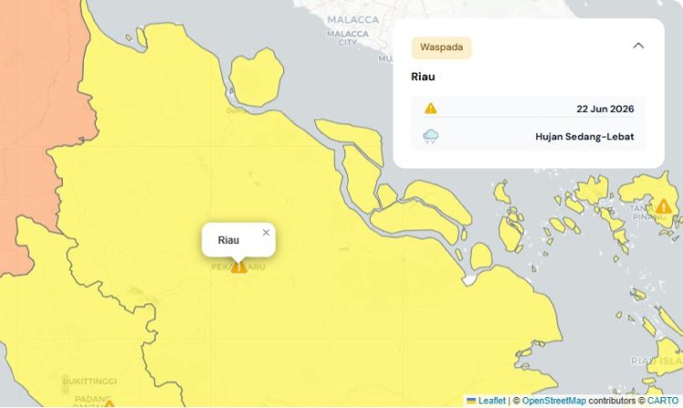 Prakiraan Cuaca Riau 22 Juni 2026, Peringatan Dini BMKG Waspada Hujan Lebat Disertai Petir dan Angin Kencang Pagi dan Malam Hari