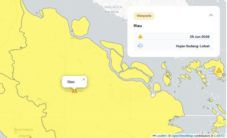 Prakiraan Cuaca Riau 29 Juni 2026, Peringatan Dini BMKG Waspada Hujan Lebat Disertai Petir dan Angin Kencang Sore dan Dini Hari